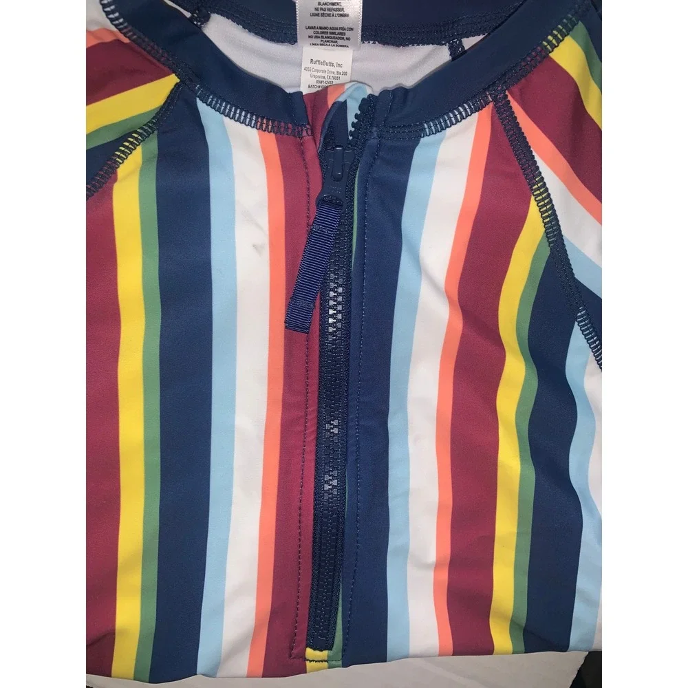 RuffleButts Girls Sunset Stripe LS One Piece Rash Guard Swim 16 NEW - flaws